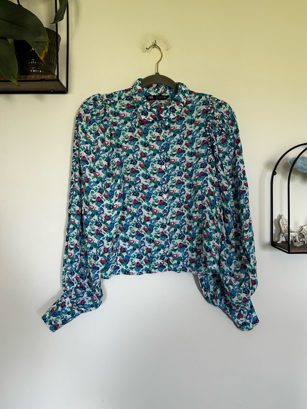Zara Floral Print Long Puff Sleeve Button Up Shirt Size Small
